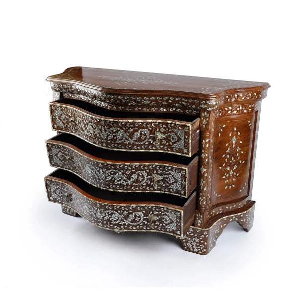 Angled Side View of Hand-Crafted Mother of Pearl Inlaid Console with Open Storage Drawers