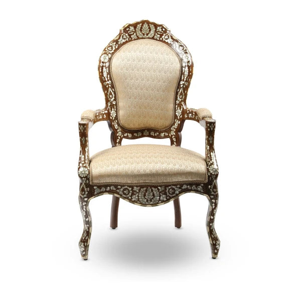 Front View of Hand-Crafted Mother of Pearl Inlaid Syrian Chair
