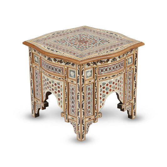 Angled Corner View of Handmade Mother of Pearl Enameled Syrian Hardwood Table