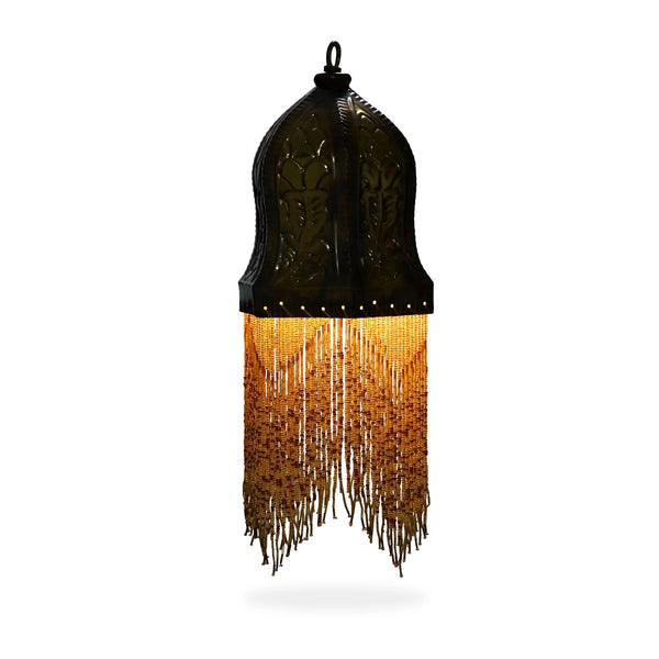 Front View of Hanging Tassel Lamp with Bulbs On