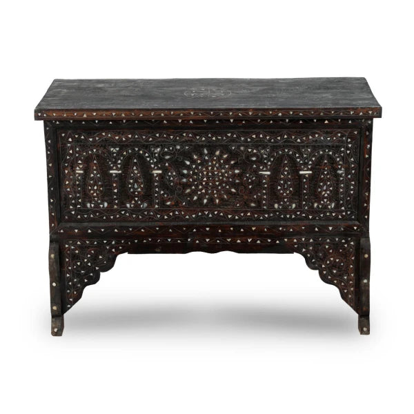 front angle View of hard wooden console with mother of pearl