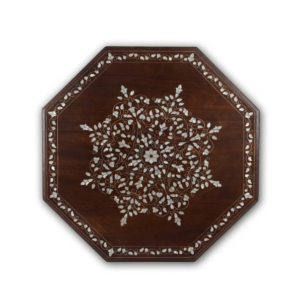 Table Top View of Hexagonal Coffee Table Showing Mother of Pearl Inlays In Floral Patterns in Traditional Star Shape