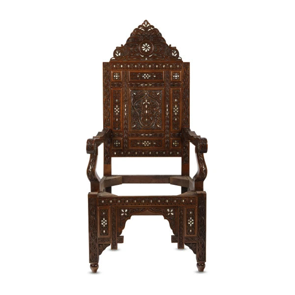 Front View of High Back Mother of Pearl Inlaid Throne Chair