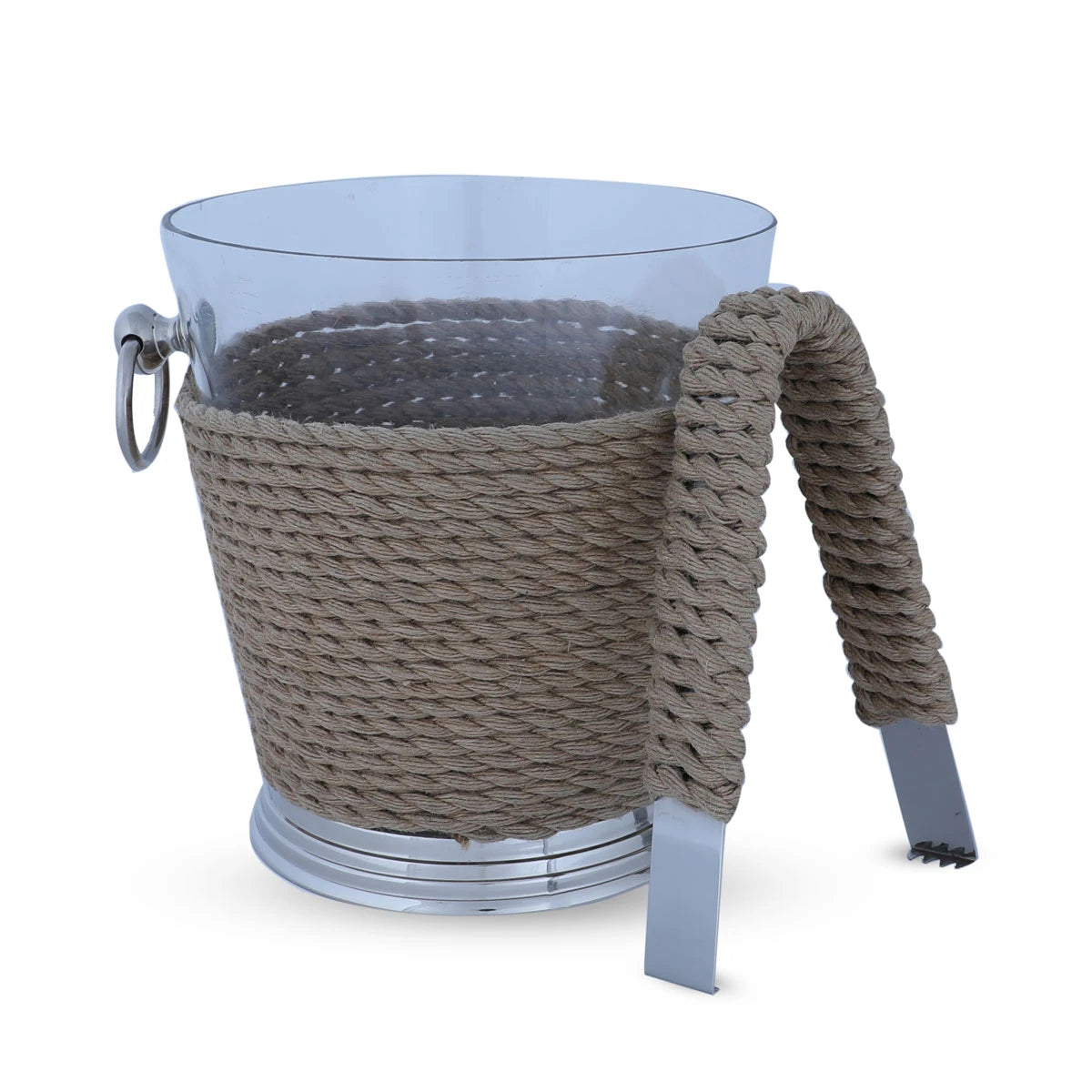 Front View of Roped Ice Bucket With Metal Tongs