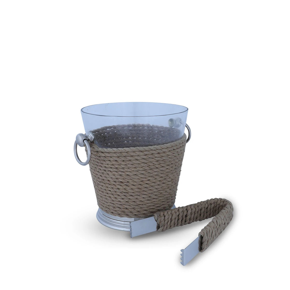 Angled View of Roped Ice Bucket With Metal Tongs