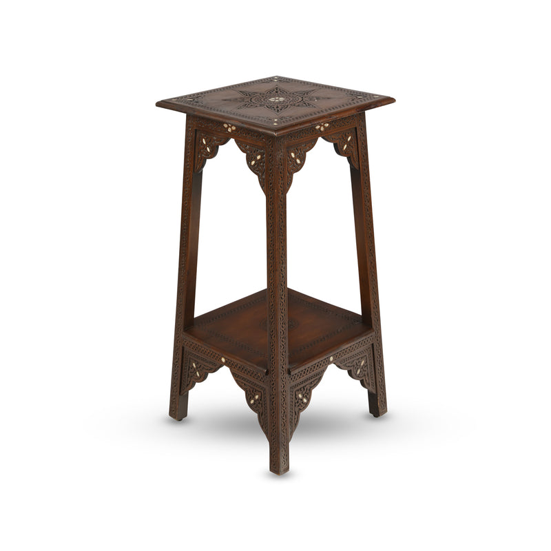Angled Corner View of Long Brown Carved Stool