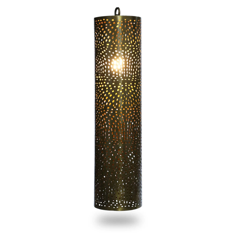 Straight View of Long Metal Light Pendant - Gold with Bulbs on