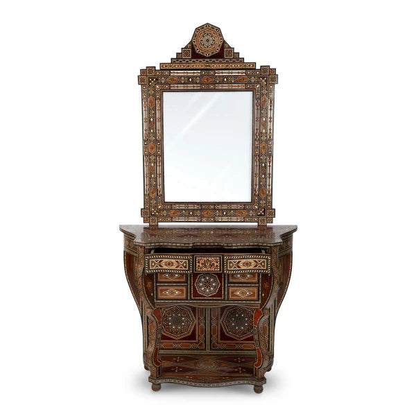 Front View of Marquetry Inlaid Console With Mirror