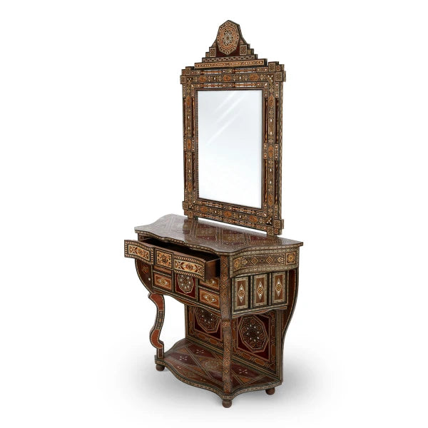 Angled Side View of Marquetry Inlaid Console With Mirror Showing Open Storage Drawers