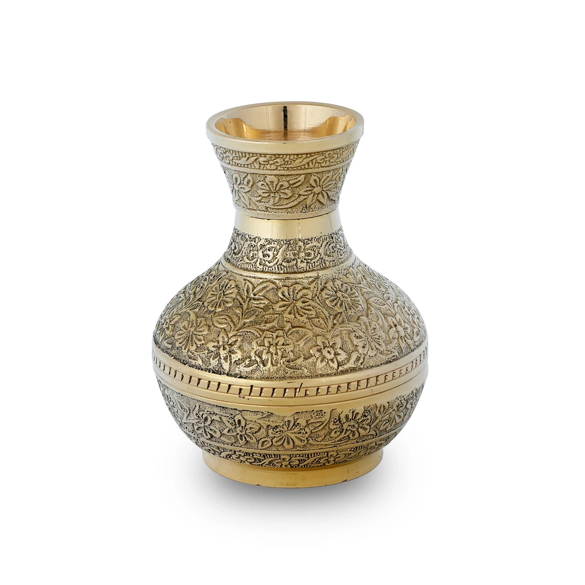 Front View of Golden Colored Metallic Engraved Flower Vase