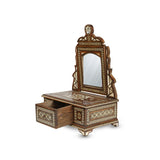 Side angled View of Marquetry Inlaid Mother of Pearl Mini Mirror Console Showing Open Storage Drawer