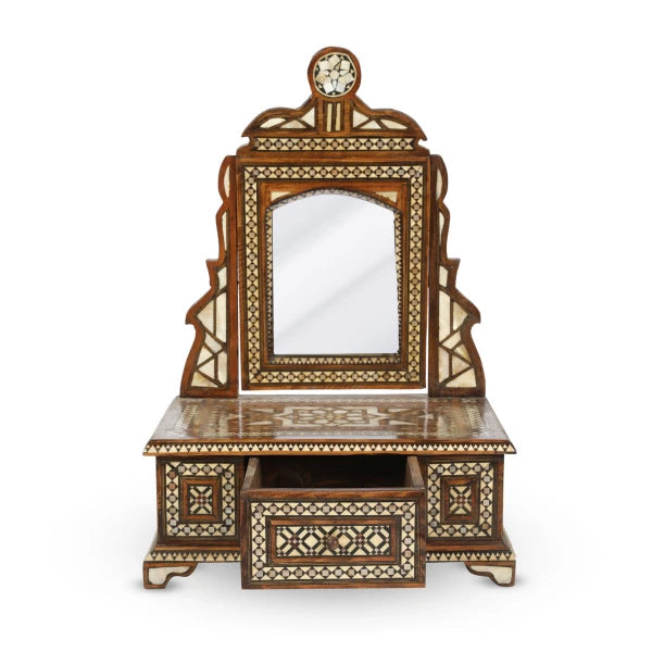 Front View of Marquetry Inlaid Mother of Pearl Mini Mirror Console Showing Open Storage Drawer