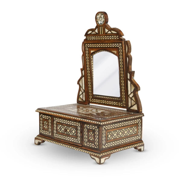 Side angled View of Marquetry Inlaid Mother of Pearl Mini Mirror Console