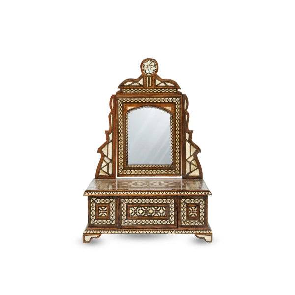 Frontal View of Marquetry Inlaid Mother of Pearl Mini Mirror Console