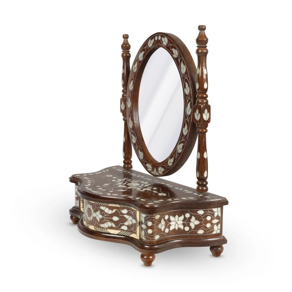 Mini Oval Mirror Console Showing Open Storage Space & Tilted Glass Frame
