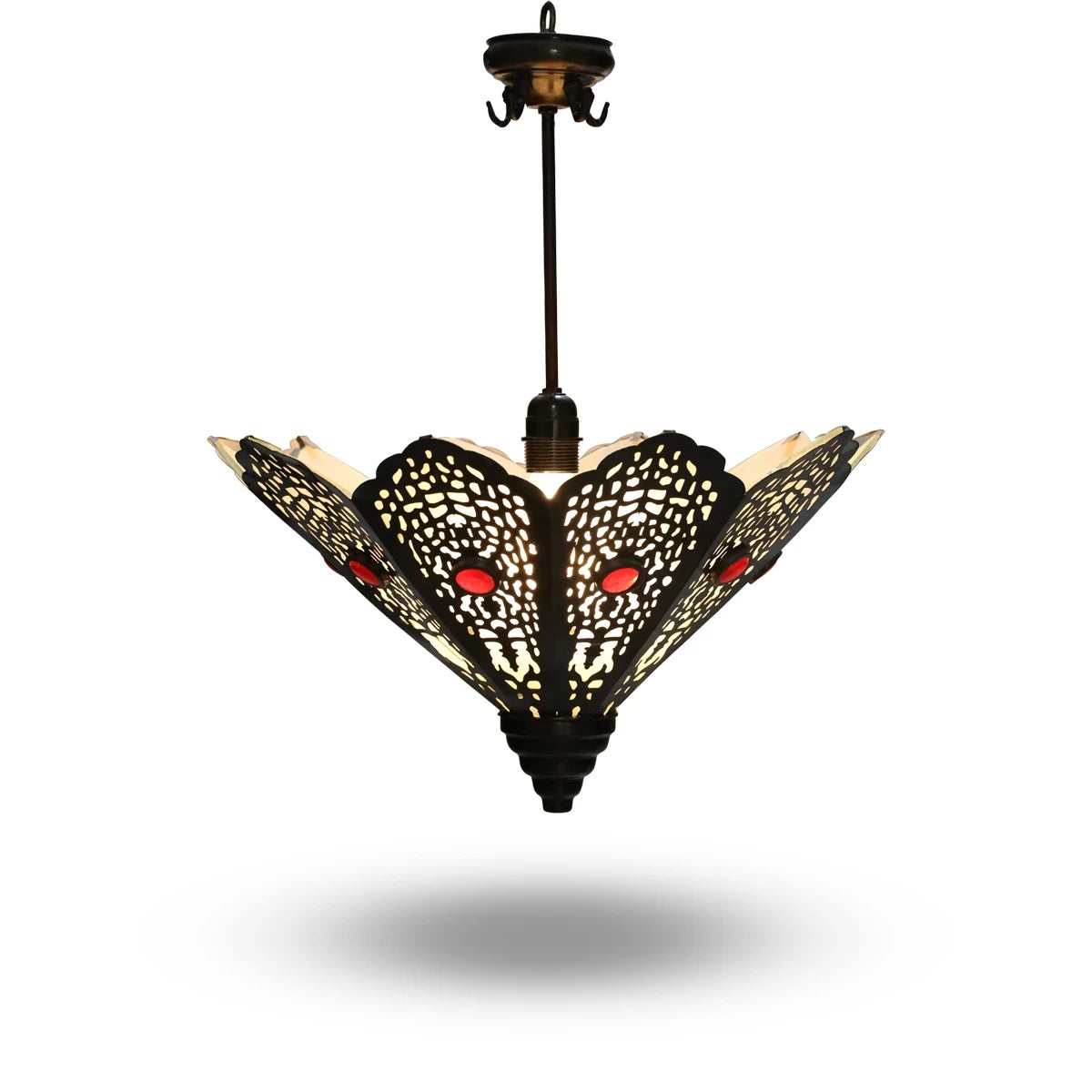Hanging View of Moroccan Pendant lamp with Bulbs On