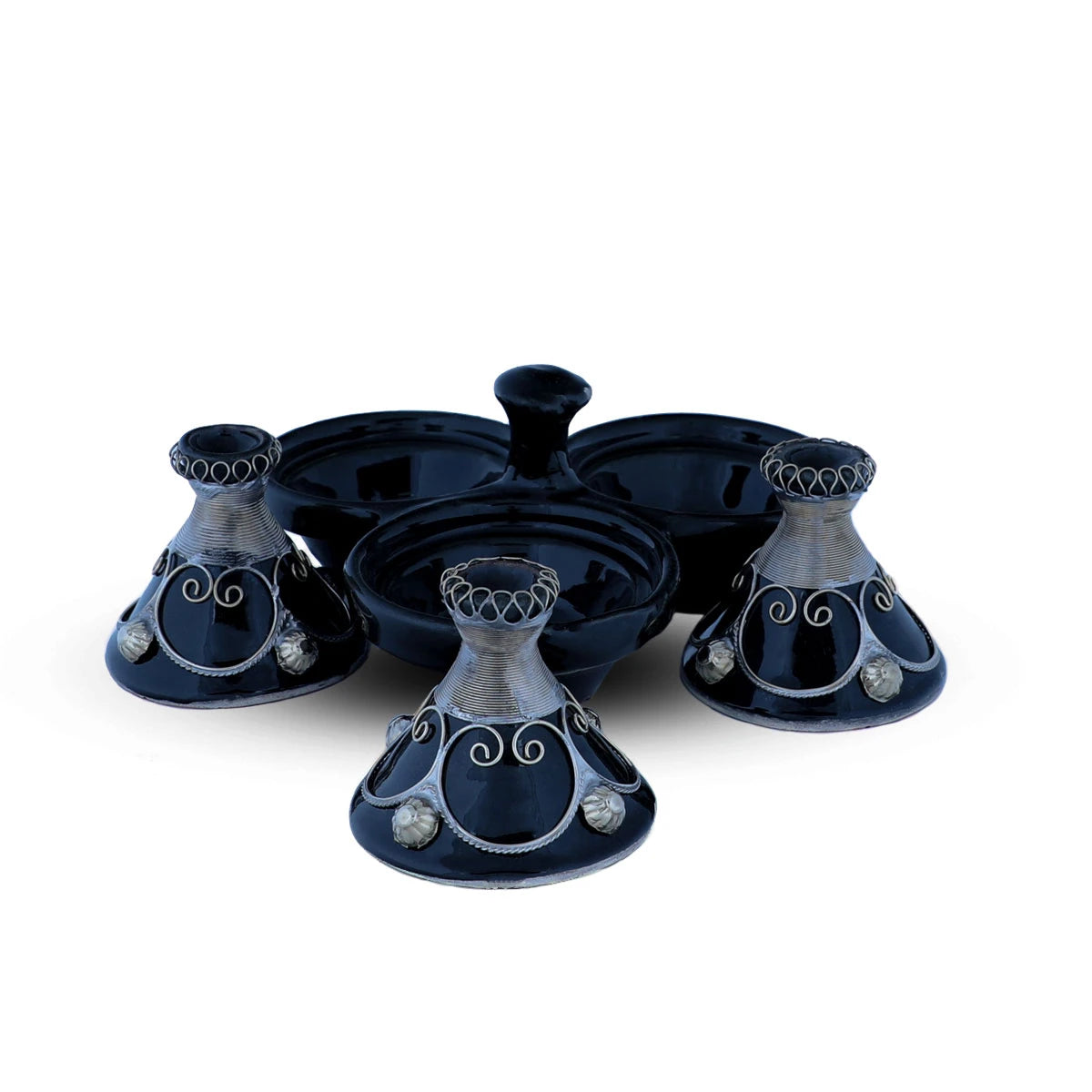 Flat View of Blue Colored Three Moroccan Tagine Set with open lids