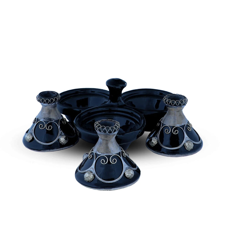 Flat View of Blue Colored Three Moroccan Tagine Set with open lids