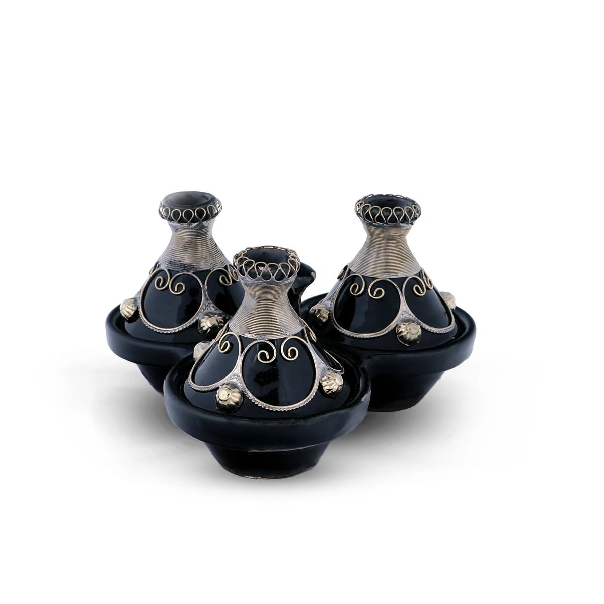 Flat View of Blue Colored Three Moroccan Tagine Set with closed lids