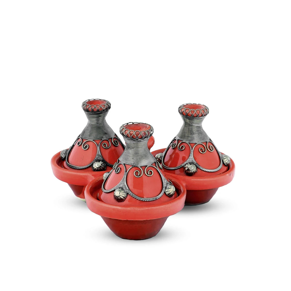 Flat View of Red Colored Three Moroccan Tagine Set with closed lids
