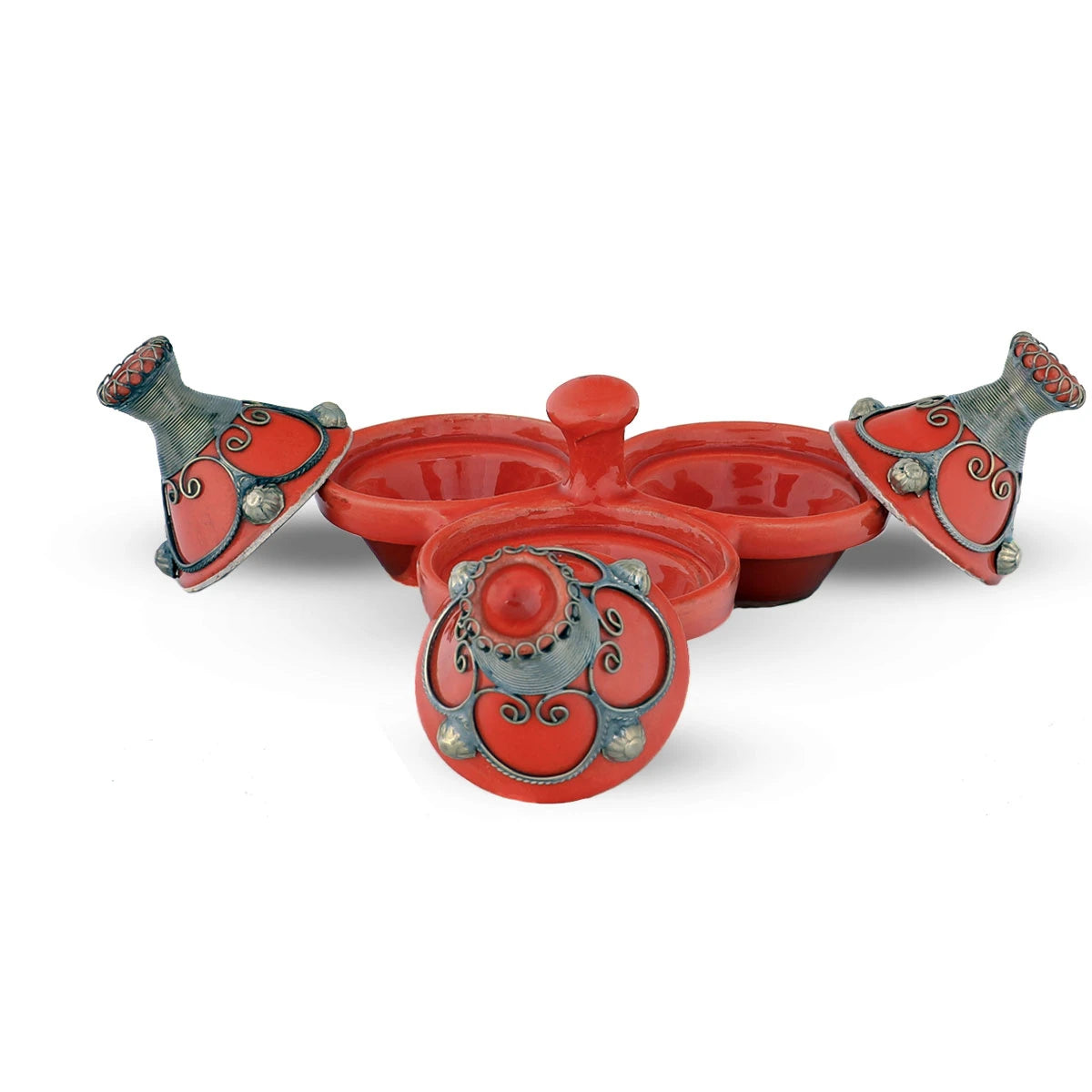 Flat View of Red Colored Three Moroccan Tagine Set with open lids