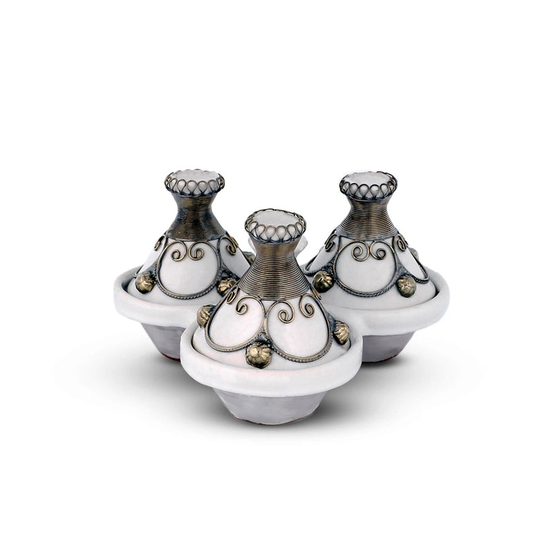 Flat View of White Colored Three Moroccan Tagine Set with Closed Lids