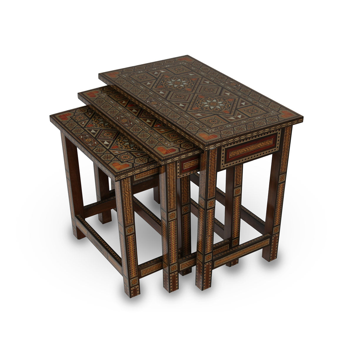 Angled  Side View of Mosaic Wood Nested Syrian Designer Tables