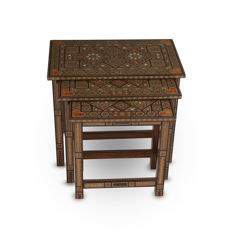 Angled Front View of Mosaic Wood Nested Syrian Designer Tables