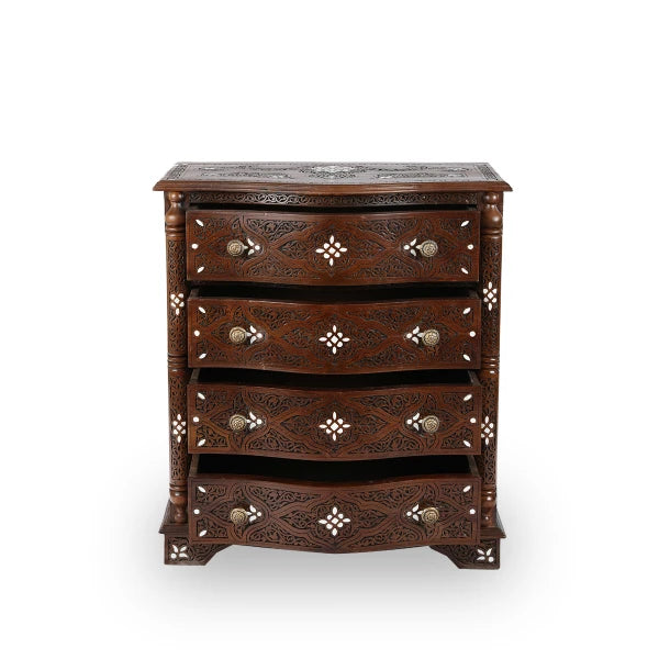 Front View of Mother Pearl Inlaid Wooden Drawer Chest with Open Storage Drawers