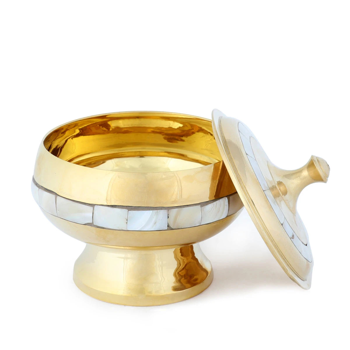 Front View of Mother of Pearl Enameled Hathi Bowl - Gold Showing Open Top