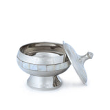 Front View of Mother of Pearl Enameled Hathi Bowl - Silver with Open Top