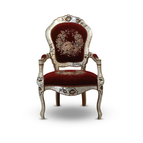 Front View of Mother of Pearl Enameled Upholstered King's Chair
