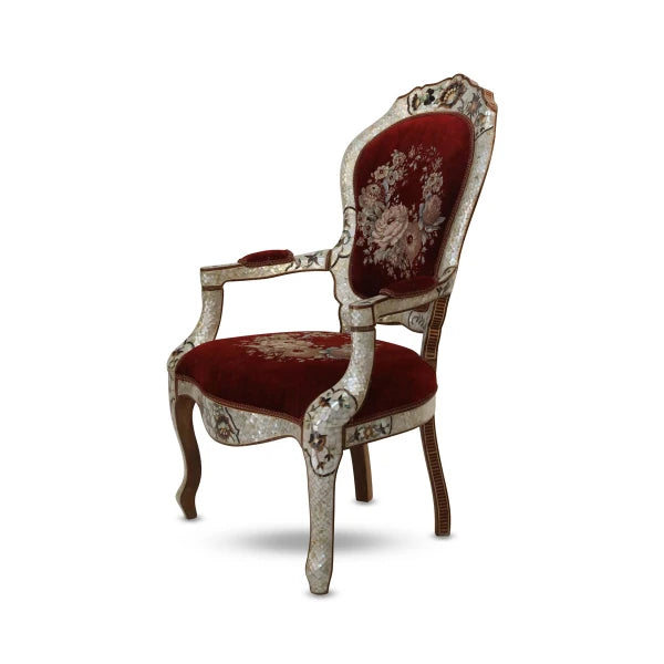 Angled Side View of Mother of Pearl Enameled Upholstered King's Chair