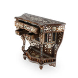 Angled Side View of Mother of Pearl Etched Syrian Console Table with Open Storage Drawer - Design B