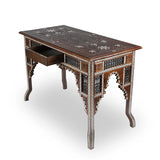 Angled Side View of Mother of Pearl Etched Syrian-Design Table with Open Storage Drawers