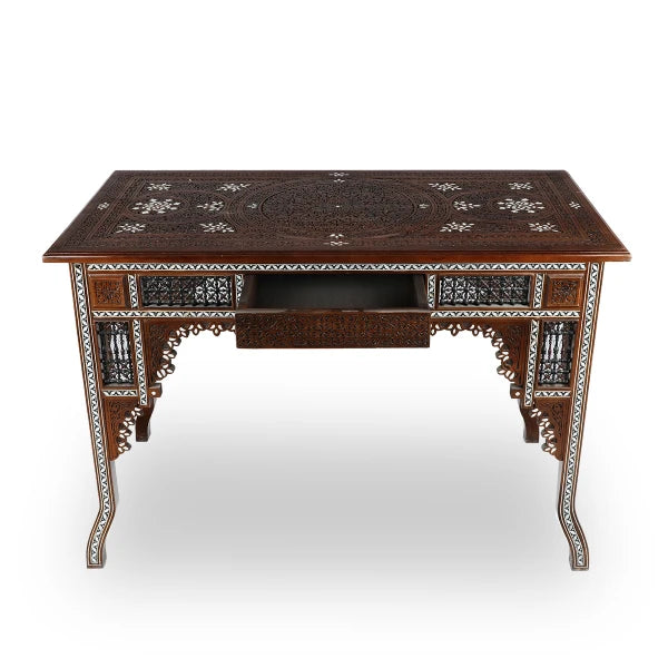 Front View of Mother of Pearl Etched Syrian-Design Table with Open Storage Drawer