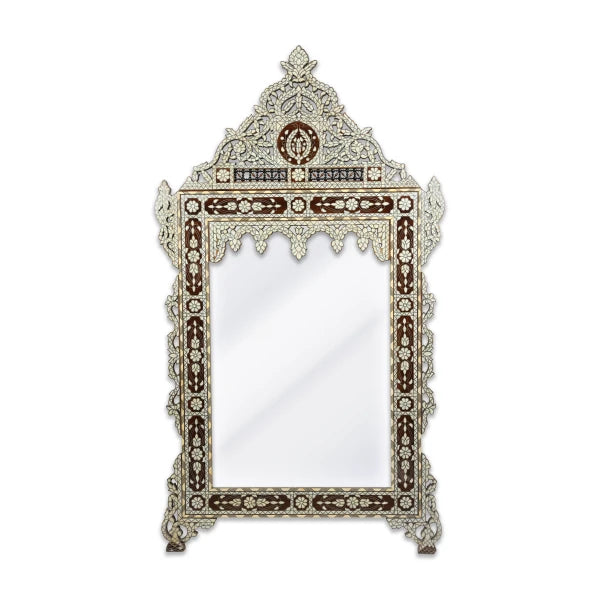 Front View of Mother of Pearl Etched Wooden Mirror Frame