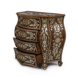 Angled Side View of Mother of Pearl Inlaid 4 Drawer Console with Open Storage Drawer