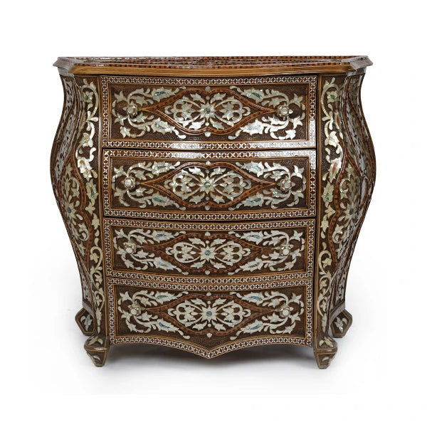 Front View of Mother of Pearl Inlaid 4 Drawer Console with Open Storage Drawer