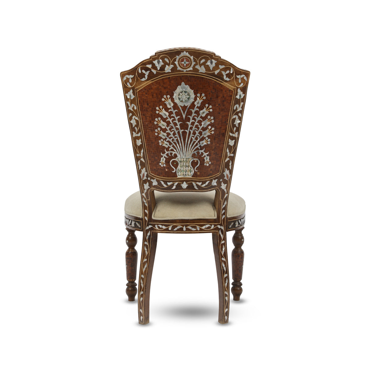 Back View of Mother of Pearl Inlaid Arabian Flat Back Chair