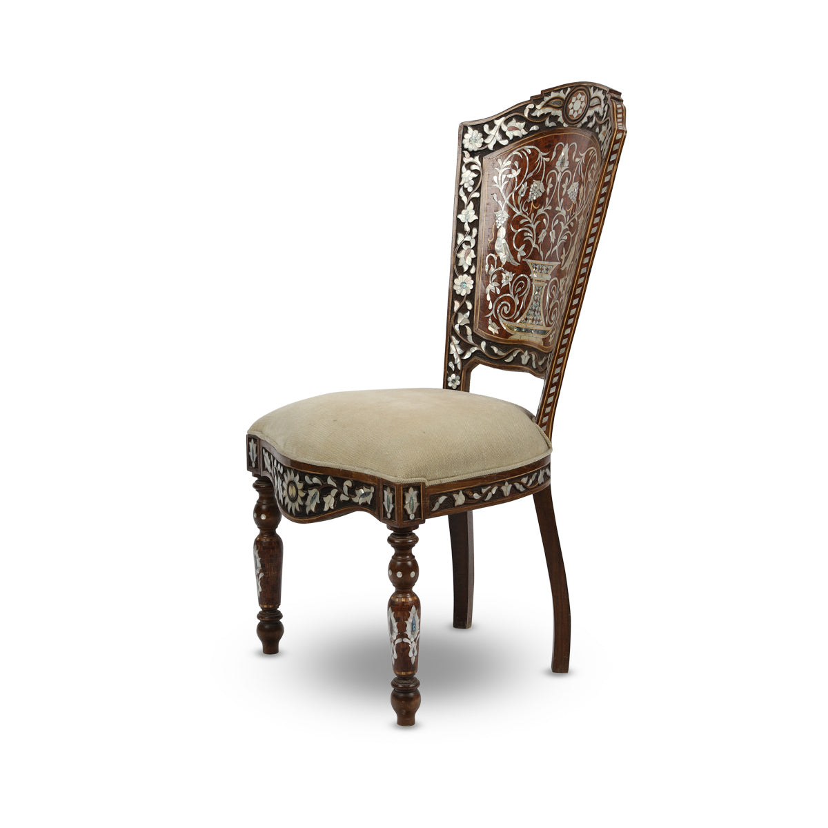 Angled Side view of Mother of Pearl Inlaid Arabian Flat Back Chair