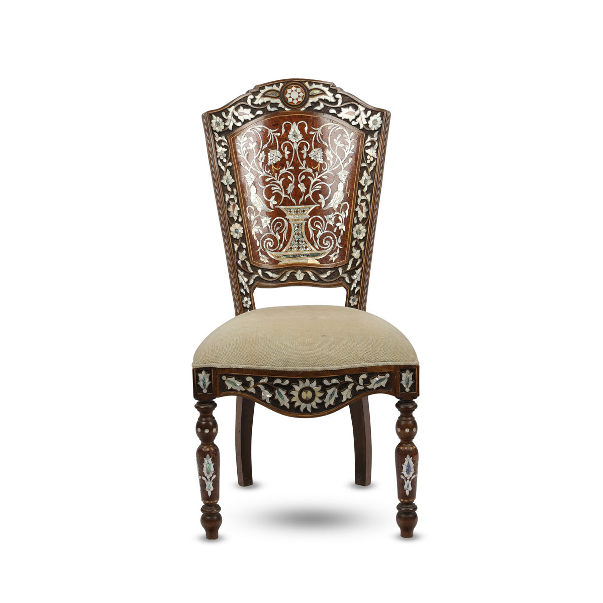 Front View of Mother of Pearl Inlaid Arabian Flat Back Chair
