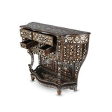 Angled Side View of Mother of Pearl Inlaid Brown Console with Open Storage Drawer