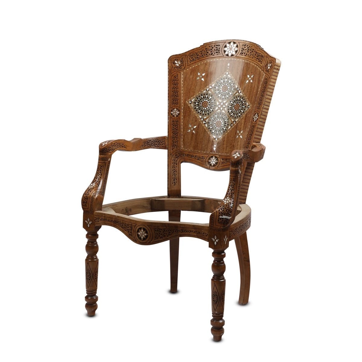 Angled Side View of Mother of Pearl Inlaid Mosaic Wood Chair