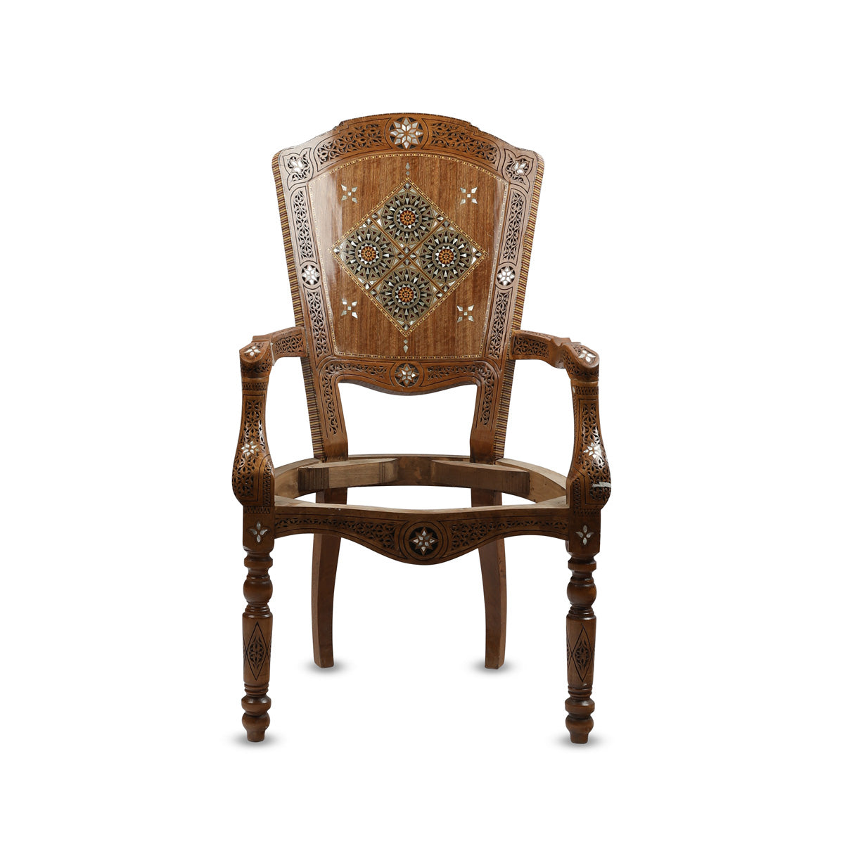 Front View of Mother of Pearl Inlaid Mosaic Wood Chair