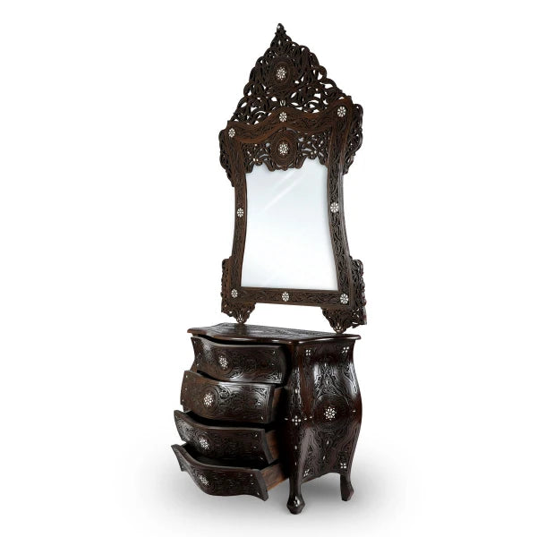 Angled Side View of Mother of Pearl Inlaid Multi-Drawer Mirror Console with Open Drawer