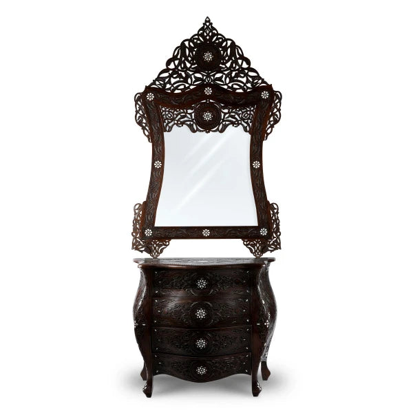 Front View of Mother of Pearl Inlaid Multi-Drawer Mirror Console