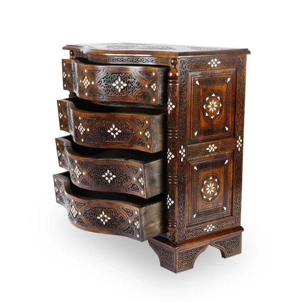 Angled Side View of Mother of Pearl Inlaid Multi Drawer Wooden Console with Open Storage Drawer
