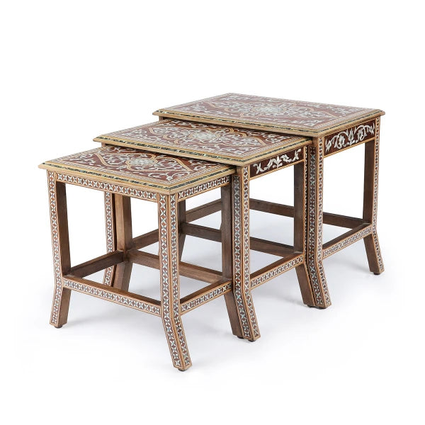 Angled Side View of Mother of Pearl Inlaid Nested Wooden Table Set