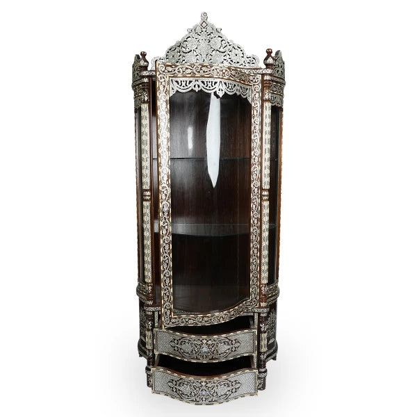 Front View of Mother of Pearl Inlaid Syrian-Design Cabinet with Open Storage Compartments